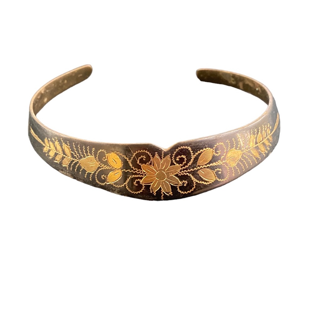 VINTAGE NECKLACE BRASS BLACK ETCHED FLORAL DESIGN